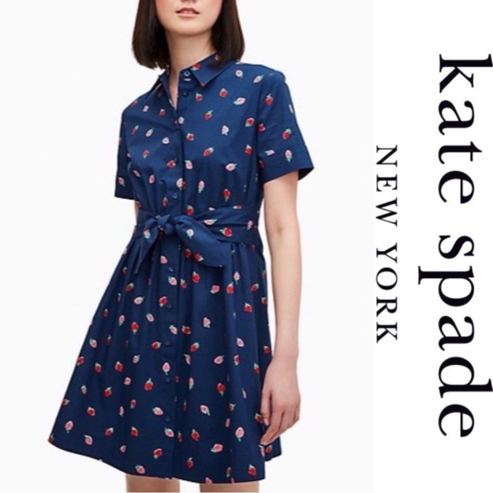 Kate Spade Strawberry Print Tie Waist Shirt Dress Size S